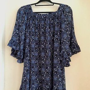 ANNA SUI For UNIQLO Blk/Ivory Chiffon Half Sleeve Boho Dress - M